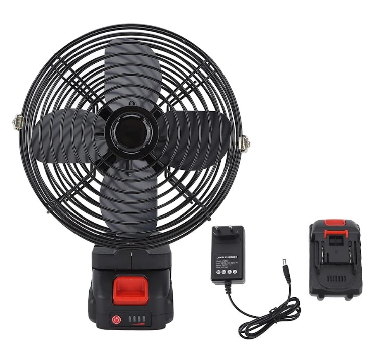 Cordless Portable Fan 21V with 2x Lithium Batteries & Fast Charger | Rechargeable Jobsite Fan 3-Speed Settings, Adjustable Tilt Head | Quiet Operation, IP44 Waterproof for Indoor Outdoor Construction Sites - UAE Stock